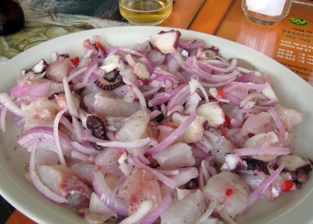 Plate of ceviche with raw fish, octopus and sliced red onion in lime juice at a restaurant in Lima, Peru