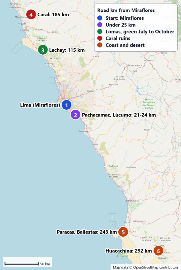 Map of the best day trips from Lima, Peru, showing road distances from Miraflores to Pachacamac and Lomas de Lúcumo, Lachay, Caral, Paracas and the Ballestas Islands, and Huacachina