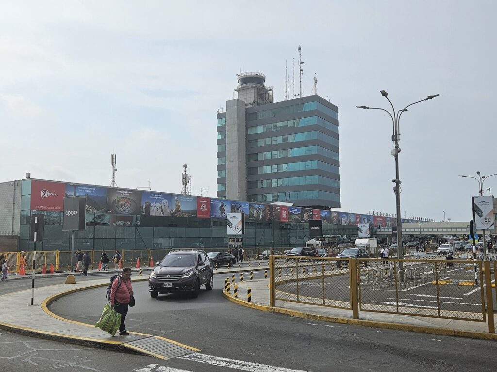 Road access and the control tower at the old Jorge Chávez airport terminal in Lima in December 2024, before it closed to passengers