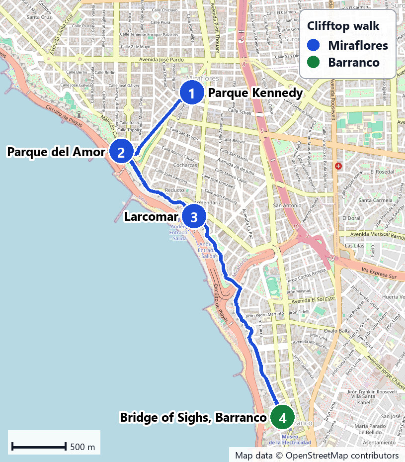 Map of the clifftop walk from Parque Kennedy past Parque del Amor and Larcomar to the Bridge of Sighs in Barranco