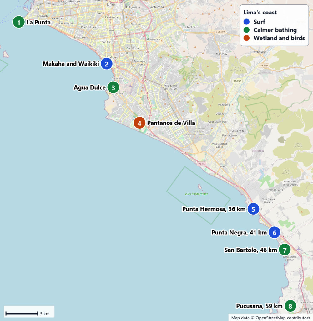 Map of Lima's coast from La Punta in Callao to Pucusana, marking surf beaches, calmer bathing beaches and the Pantanos de Villa wetland, with road distances from Miraflores