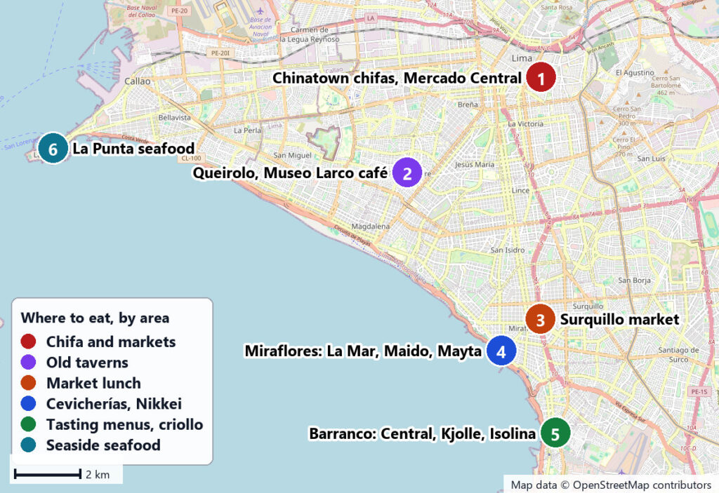 Map of what to eat in Lima, Peru by area: Chinatown and the Mercado Central, Pueblo Libre's taverns, the Surquillo market, Miraflores, Barranco and La Punta
