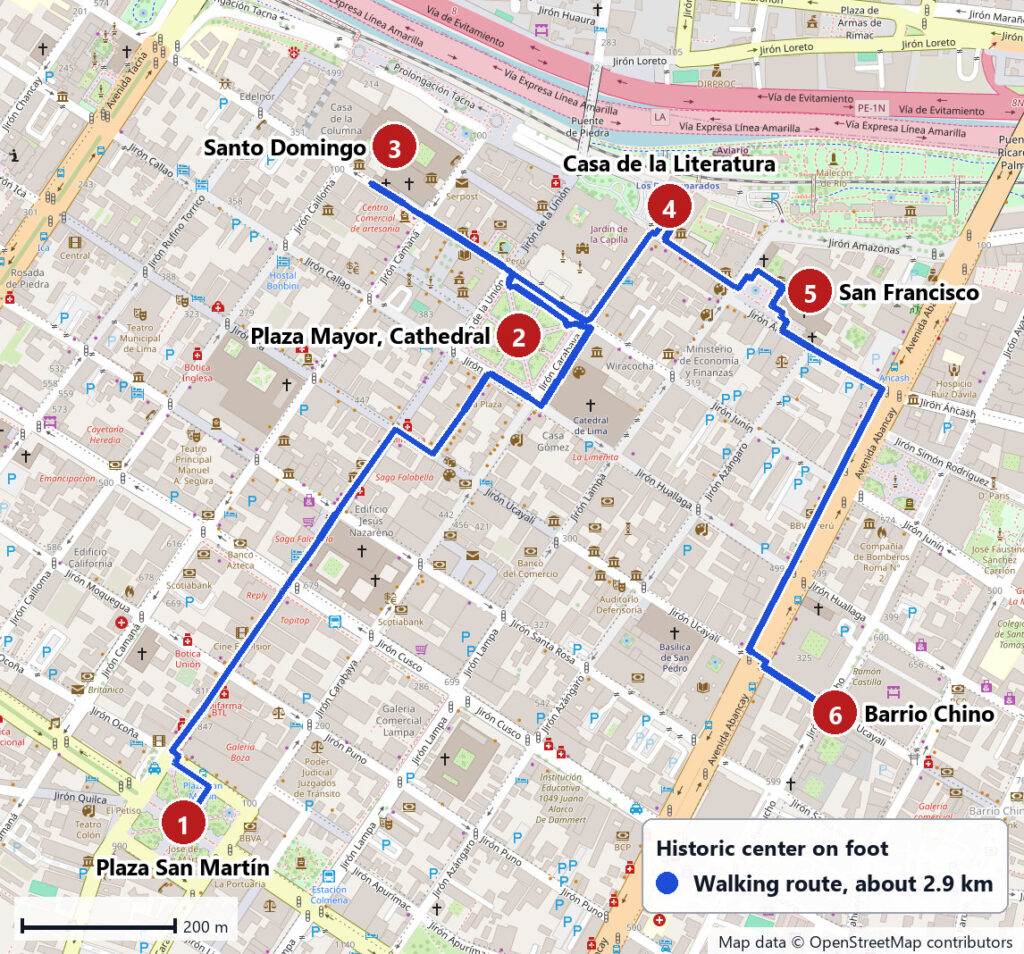 Street map of Lima's historic center showing a walking route from Plaza San Martín to the Plaza Mayor, Santo Domingo, Casa de la Literatura, San Francisco and Barrio Chino