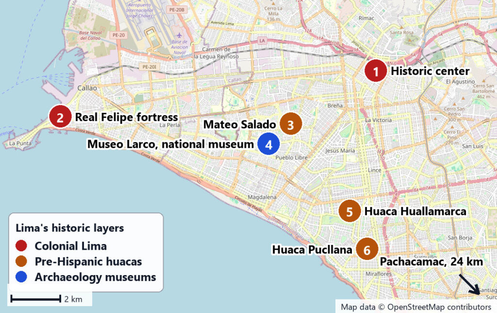 Map for a Lima historic center and archaeological sites guide, marking the historic center, the Real Felipe fortress, Mateo Salado, Museo Larco, Huaca Huallamarca and Huaca Pucllana, with Pachacamac to the southeast