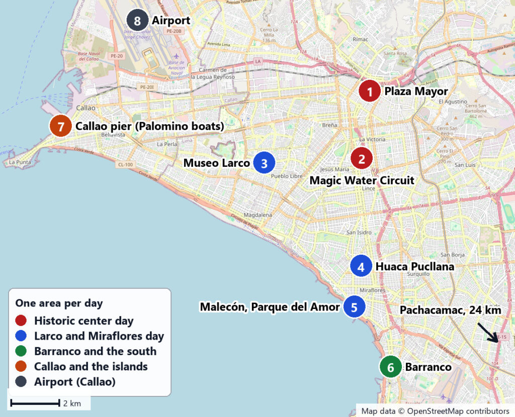 Map for a Lima, Peru itinerary for first-time visitors, grouping the Plaza Mayor and Magic Water Circuit, Museo Larco, Huaca Pucllana and the Miraflores malecón, Barranco, the Callao pier and the airport by day