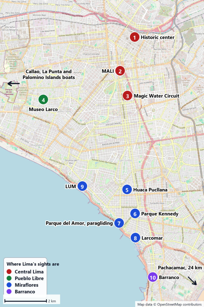 Map of central Lima, Peru, marking the historic center, MALI, the Magic Water Circuit, Museo Larco, Huaca Pucllana, Parque Kennedy, Parque del Amor, Larcomar, LUM and Barranco