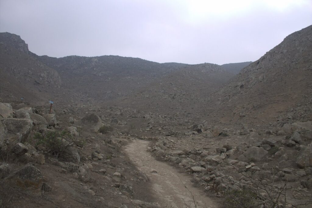 Dry, rocky valley and dirt path at the Lomas de Lúcumo in Quebrada Verde, Pachacámac, before the winter green season