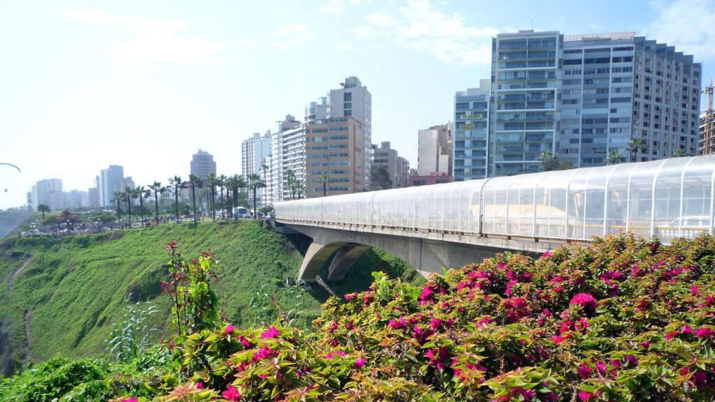 High-rise towers along the Miraflores clifftop in Lima, Peru, with a glass-screened bridge and pink bougainvillea in the foreground